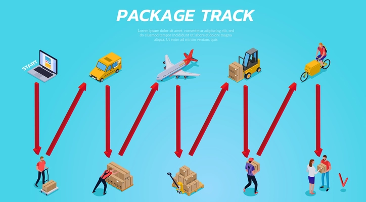 Stages of logistic delivery from package order to customer shipping on blue background isometric horizontal vector illustration