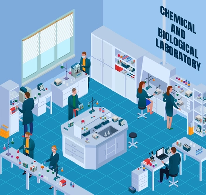 Chemical biological laboratory with scientists during work research equipment and interior elements isometric vector illustration