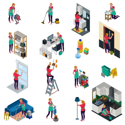 Professional cleaning services for office and apartment set of isometric icons isolated vector illustration