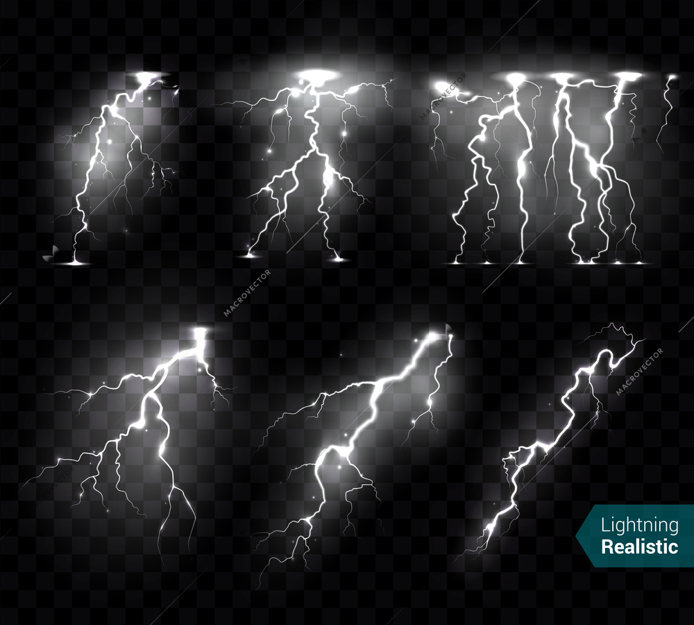 Realistic lightning bolts flashes white images collection of isolated monochromatic thunderbolts on transparent background with text vector illustration