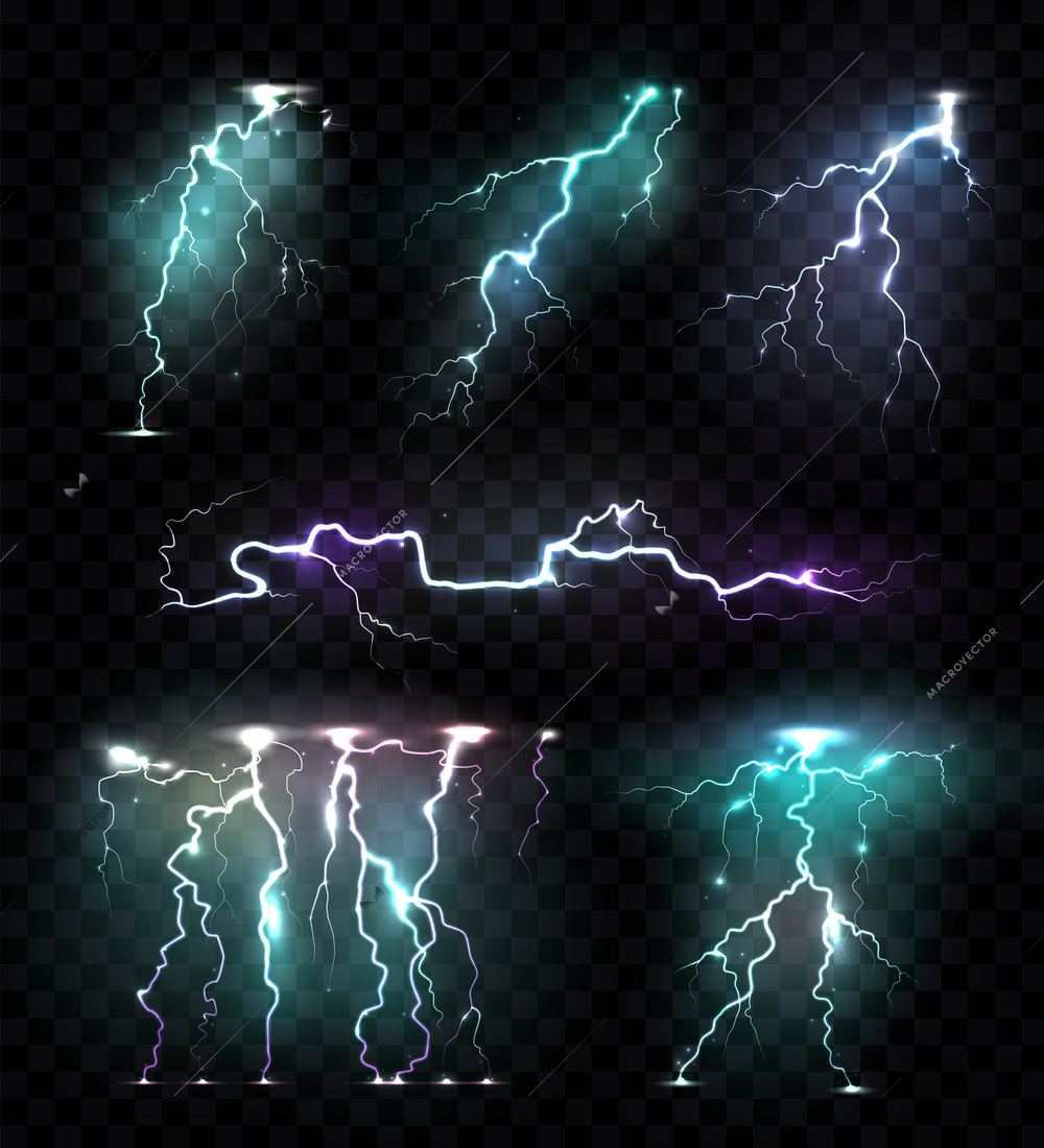 Realistic lightning bolts flashes colored set of isolated images of colourful lightning strokes on transparent background vector illustration