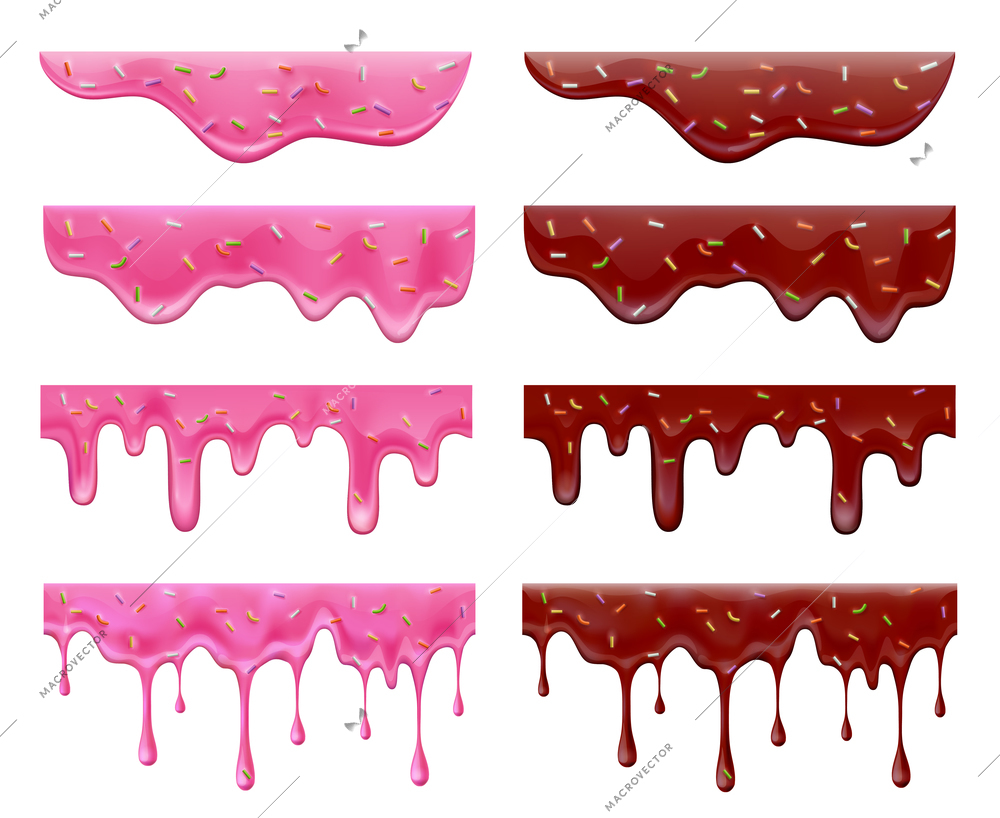 Dripping doughnut glaze realistic collection with isolated images of purple and red jam streaks on blank background vector illustration