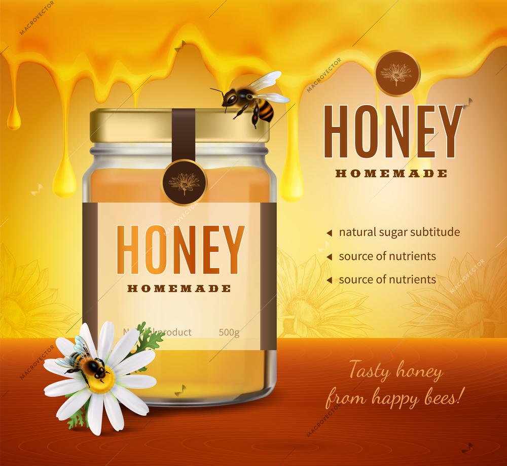 Honey advertising composition with realistic image of product packaging bottle with brand name and editable text vector illustration