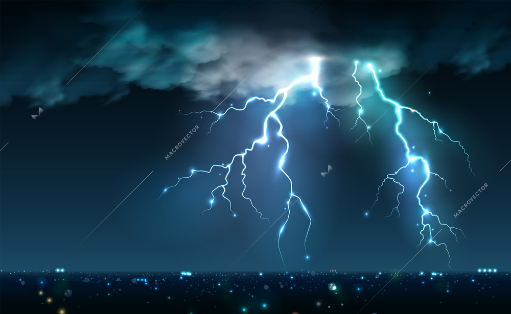 Realistic lightning bolts flashes composition with view of night city sky with clouds and thunderbolt images vector illustration