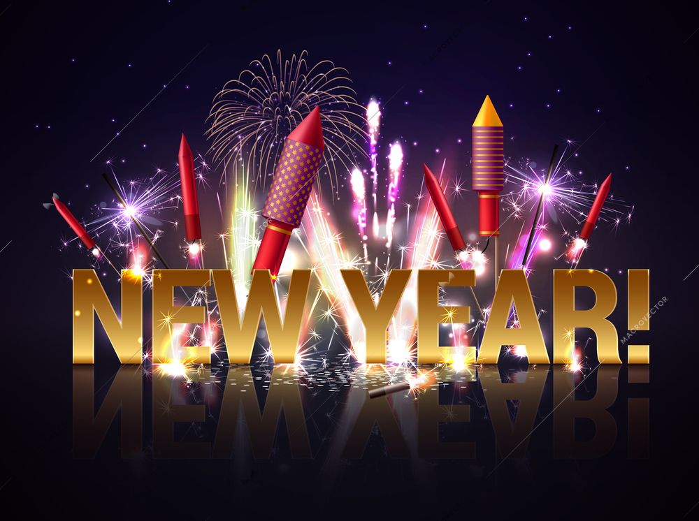 Sparkler bengal lights pyrotechnics realistic new year composition with luminous particles editable text with reflections vector illustration