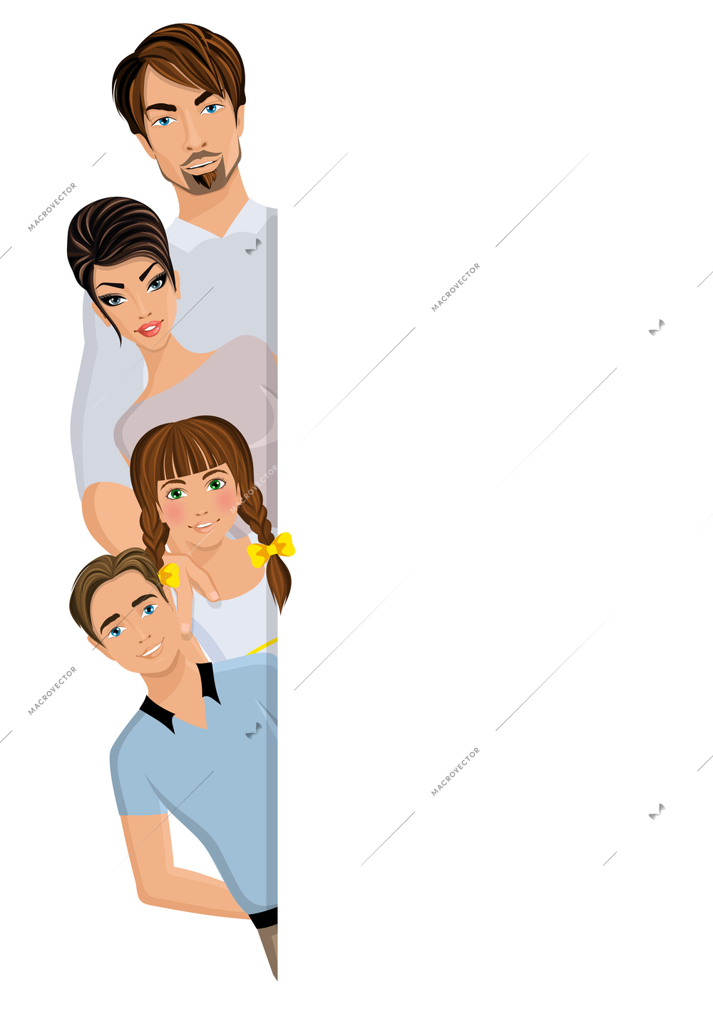 Happy family man woman parents and girl and boy kids portrait banner bookmark vector illustration