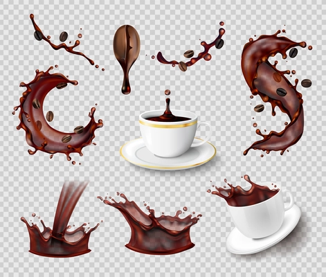 Coffee splashes realistic set of isolated liquid spray coffee bean and ceramic cups on transparent background vector illustration