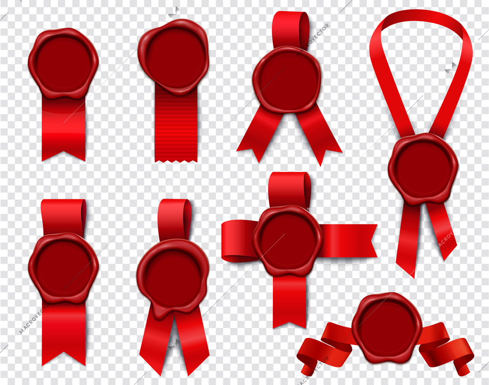 Wax stamp ribbons set of realistic 3d isolated images with empty seals and festive red ribbon vector illustration