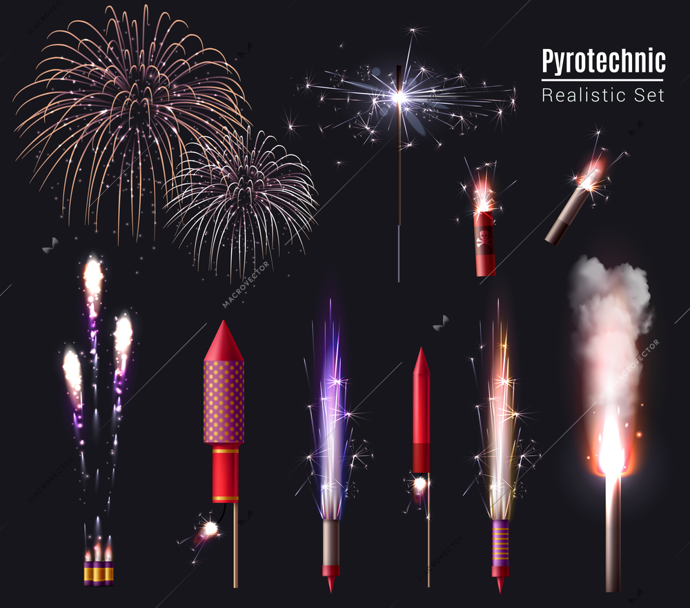 Sparkler bengal lights pyrotechnics realistic set of isolated firework display spots and pyrotechnic devices in action vector illustration