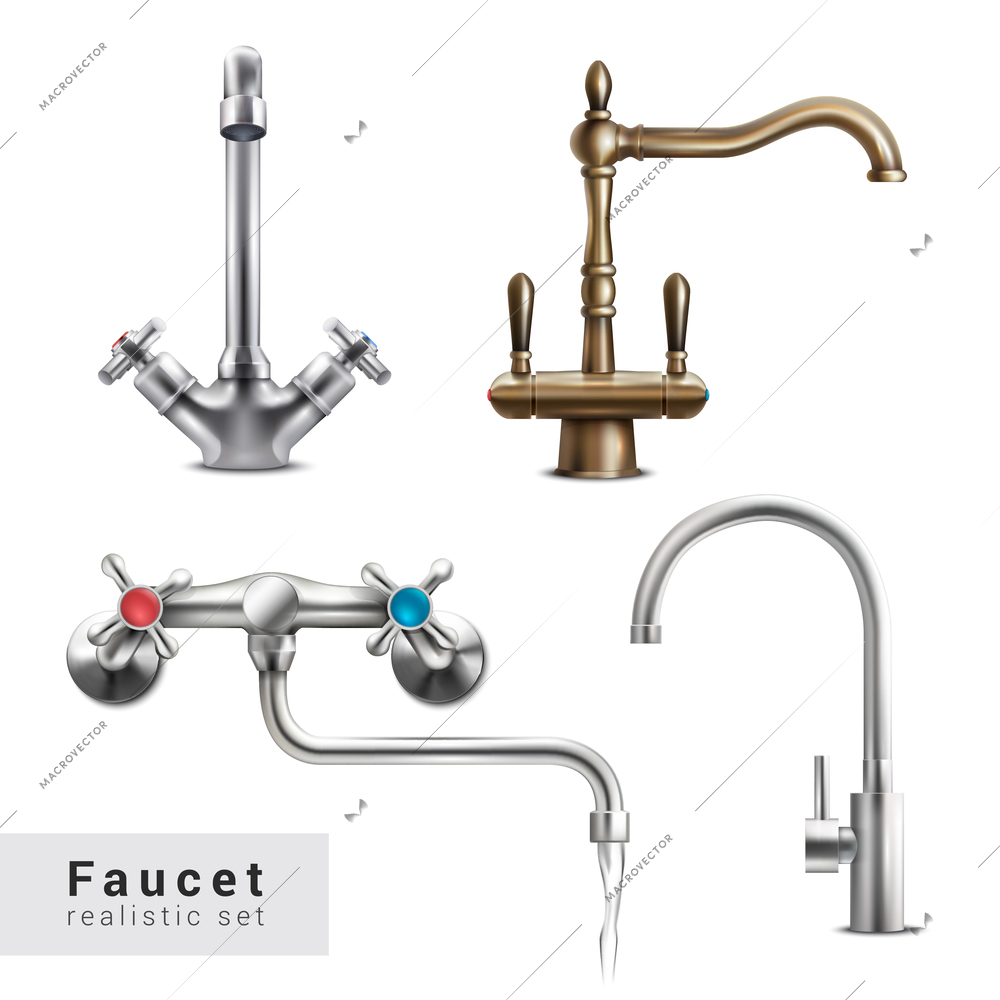 Faucet realistic set of four isolated images of various water mixers on blank background with text vector illustration