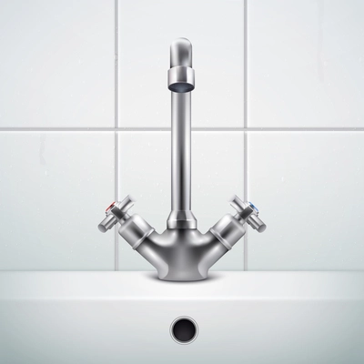 Metal faucet realistic composition with images of bathing room wall covered with white tiles and sink vector illustration