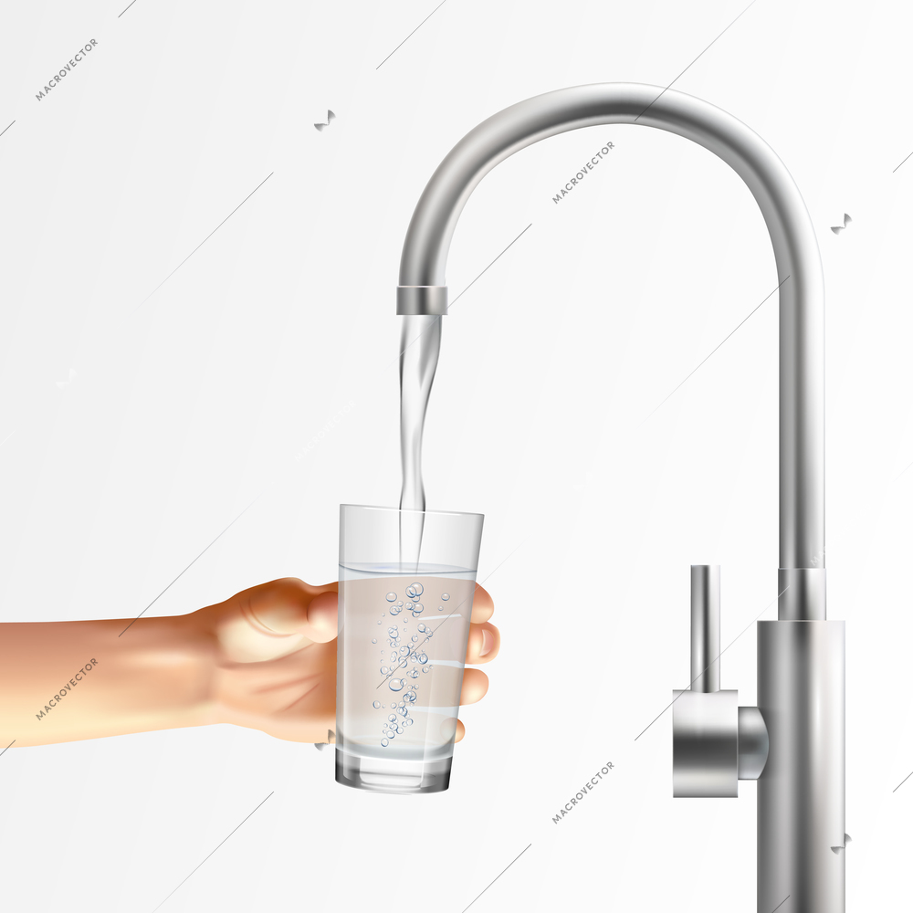 Faucet realistic composition with images of metallic faucet running water into glass held by human hand vector illustration