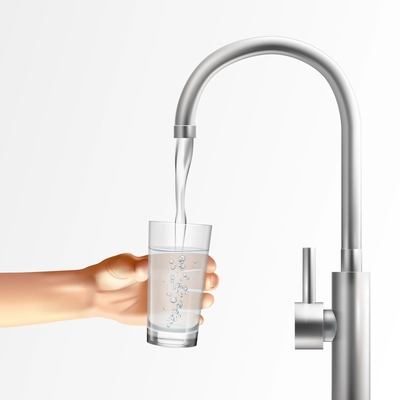 Faucet realistic composition with images of metallic faucet running water into glass held by human hand vector illustration