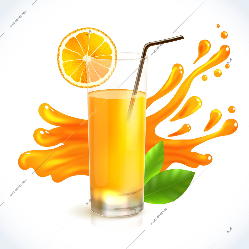 Orange juice healthy drink in glass with straw and splash on background emblem vector illustration