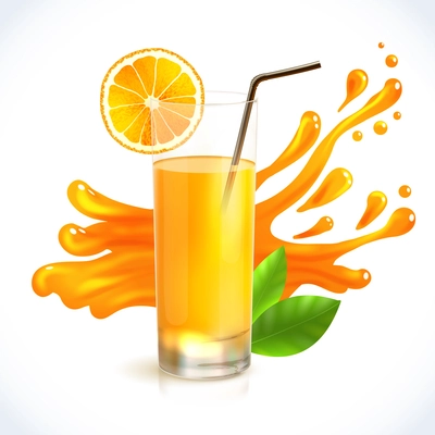 Orange juice healthy drink in glass with straw and splash on background emblem vector illustration