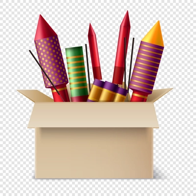 Realistic pyrotechnics in box composition with different sparklers and sticks of bengal lights inside the pasteboard box vector illustration