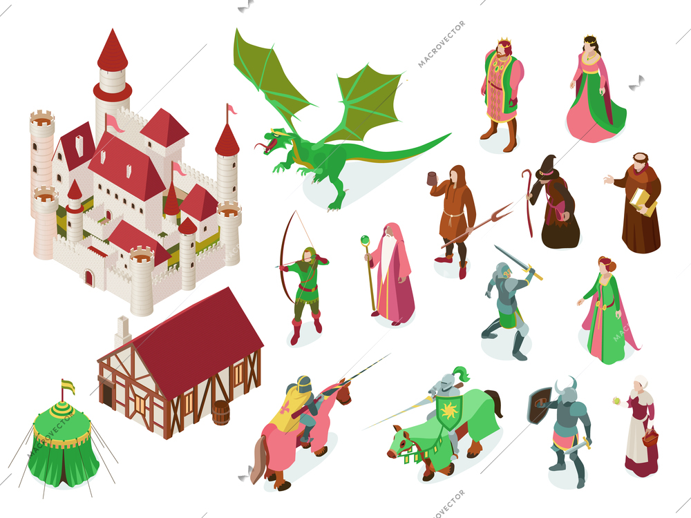 Medieval fairy tale isometric set with royal castle knights priest witch and dragon isolated vector illustration