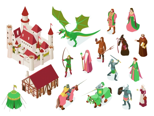 Medieval fairy tale isometric set with royal castle knights priest witch and dragon isolated vector illustration