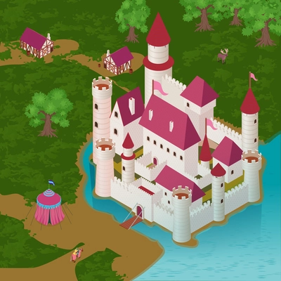 Medieval castle on river bank with royal tent knight on horseback houses of citizens isometric vector illustration