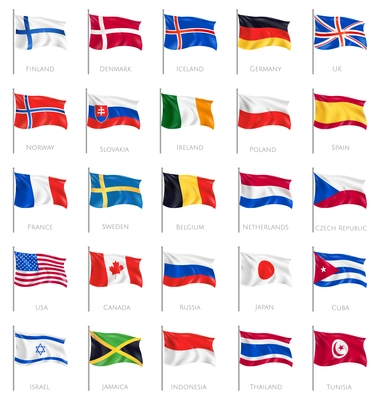 Twenty five isolated waving national flags on white background with inscription of countries names realistic vector illustration