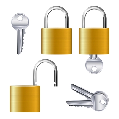 Realistic set of identical gold metallic open and closed padlocks and keys on white background isolated vector illustration