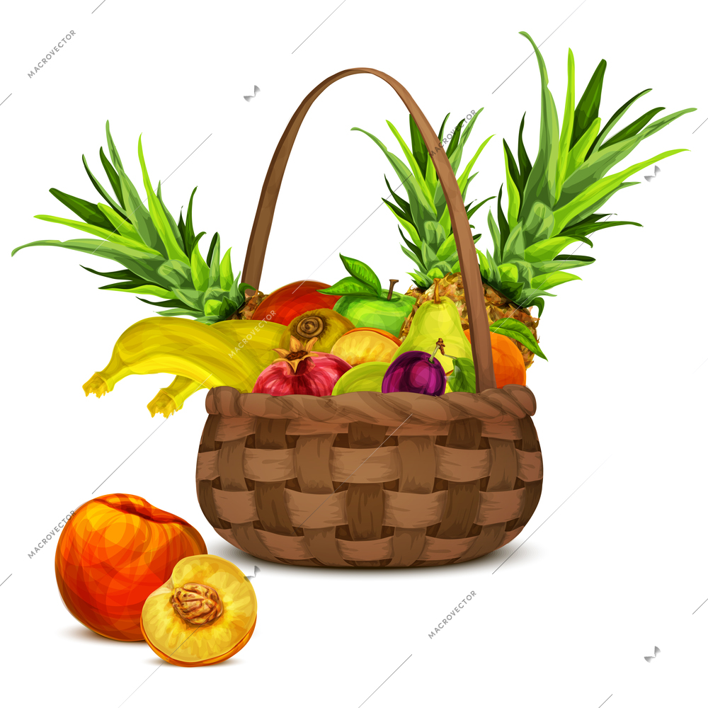 Natural organic tropical and garden fruits set in basket still life vector illustration