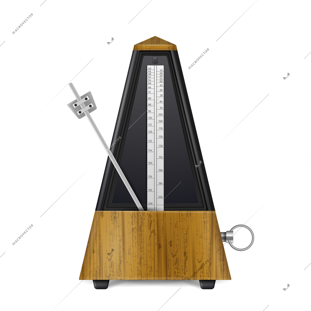 Mechanical wooden swinging metronome in retro style isolated on white background realistic vector illustration