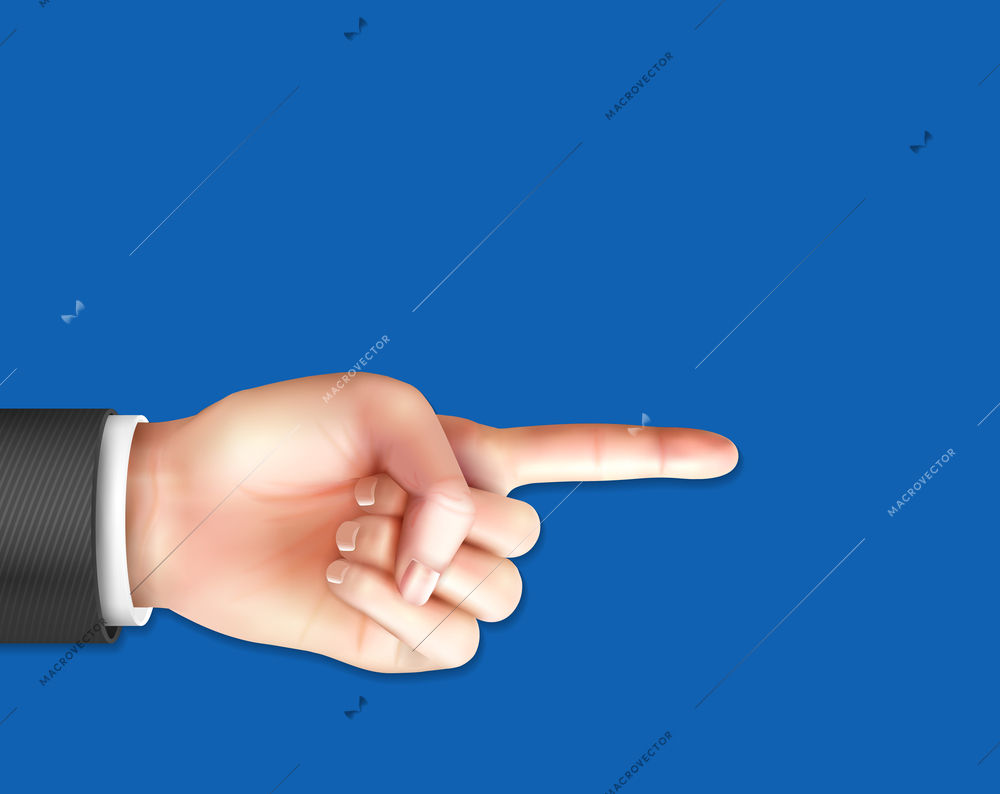 Realistic male hand with pointing index finger on  blue background vector illustration