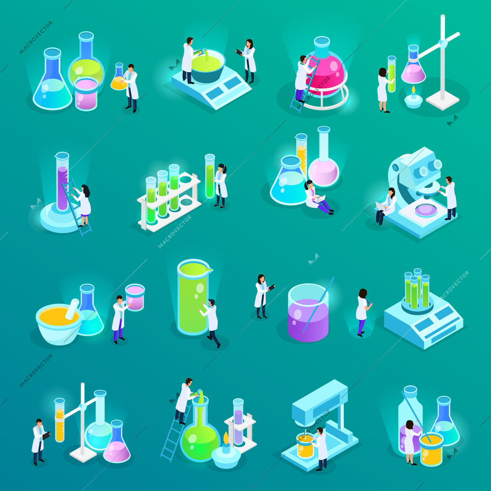 Vaccines development set of isometric icons with scientists and lab equipment isolated on green vector illustration