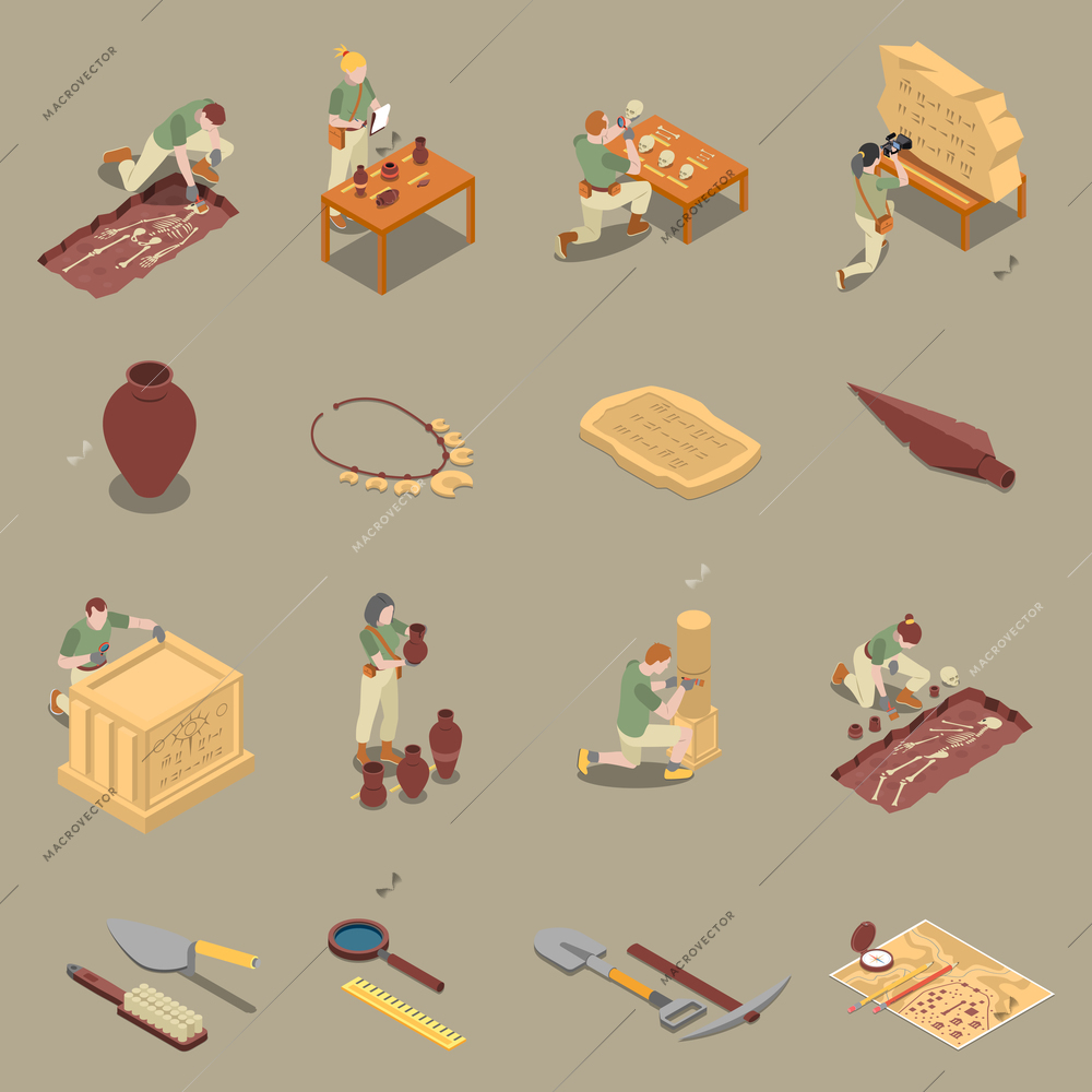 Archeology isometric icons set with antiquity symbols isolated vector illustration