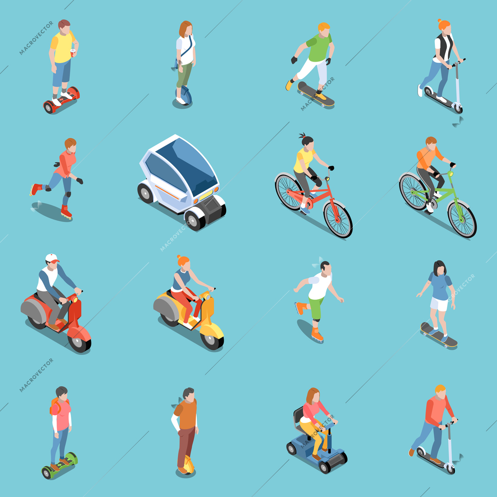 Personal eco transportation icons set with bicycle and scooter isometric isolated vector illustration