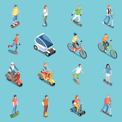 Personal eco transportation icons set with bicycle and scooter isometric isolated vector illustration