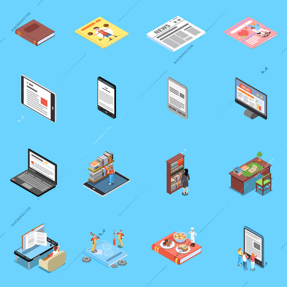 Reading and library icons set with modern technology symbols isometric isolated vector illustration