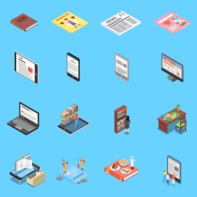 Reading and library icons set with modern technology symbols isometric isolated vector illustration