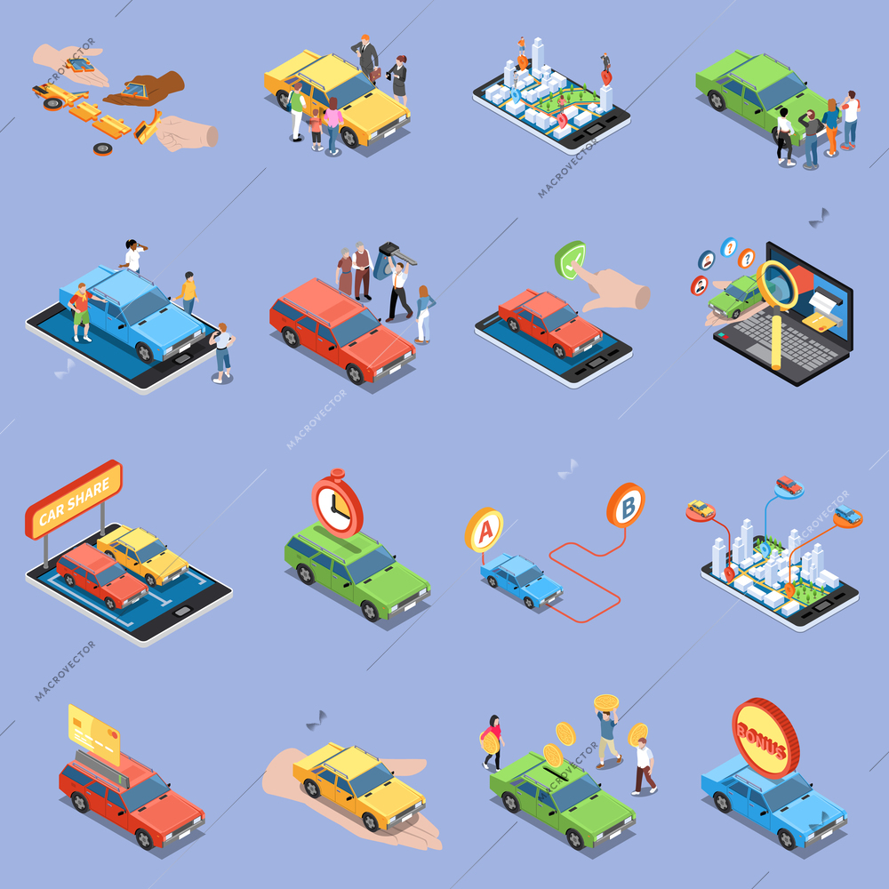 Carsharing icons set with carpooling symbols isometric isolated vector illustration