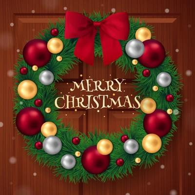 Christmas realistic composition with new year tree ring balls and red ribbon bow with text vector illustration