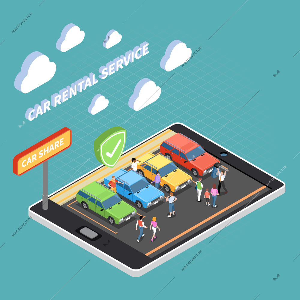 Carsharing isometric concept with car rental and share symbols isometric vector illustration