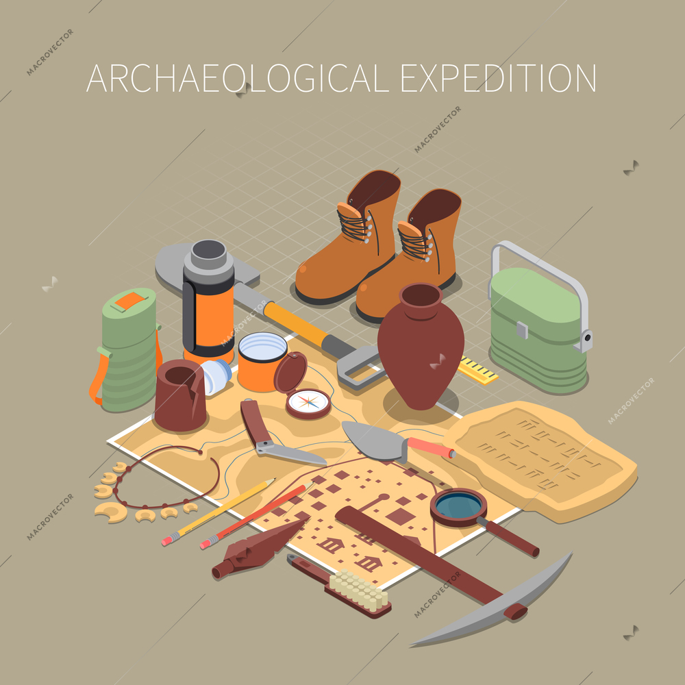 Archaeological expedition  concept with ancient remains and artifacts symbols isometric vector illustration