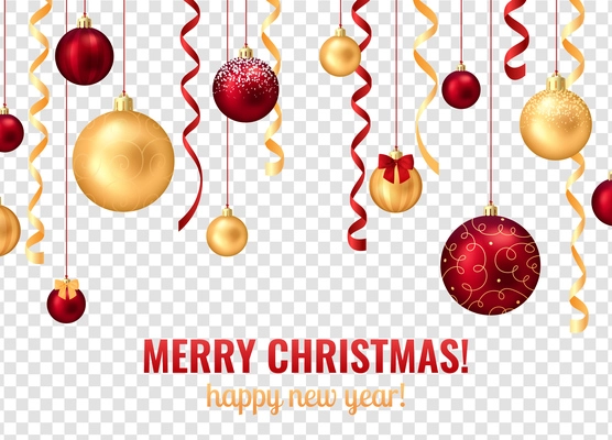 Christmas realistic composition with editable text and images of christmas tree decorations on transparent background vector illustration