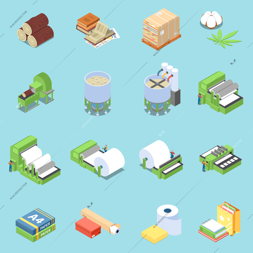 Paper production icons set with printing symbols isometric isolated vector illustration