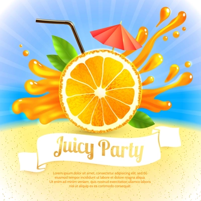 Sliced orange and cocktail straw with splash on background party poster vector illustration