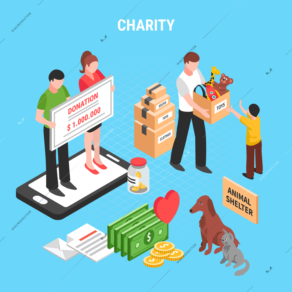 Charity isometric composition with people actions for support animals shelter and children donation vector illustration