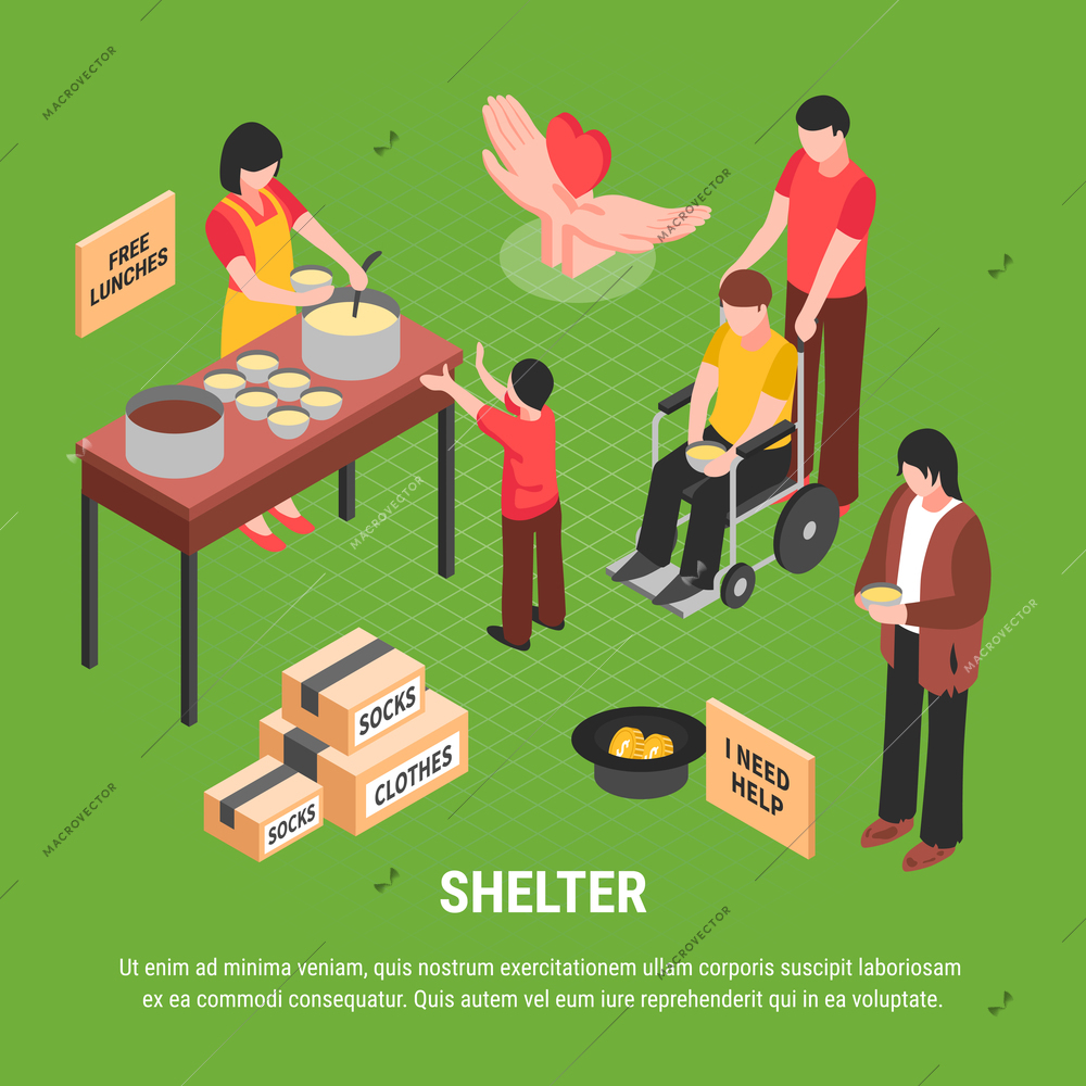 Shelter isometric poster with begging homeless man boxes with clothes and people caring for disabled person vector illustration