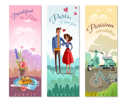 France paris set of vertical banners with coffee, croissant, eiffel tower, bicycle and scooter isolated vector illustration