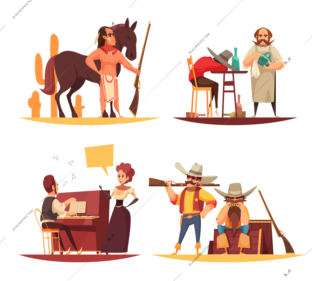 Cowboy design concept with flat human characters of various persons in different situations with cartoon pictograms vector illustration