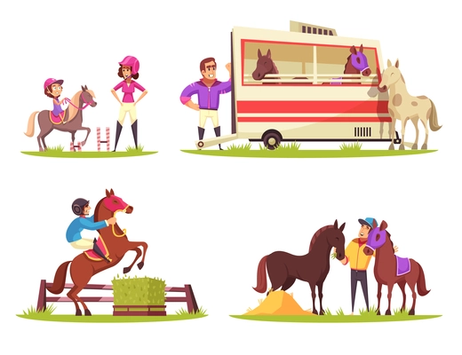 Equestrian sport design concept with set of four outdoor compositions with cartoon characters of animals and people vector illustration