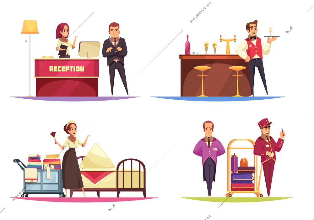 Hotel design concept with view of various situations in lobby with human characters of bellboy workers vector illustration