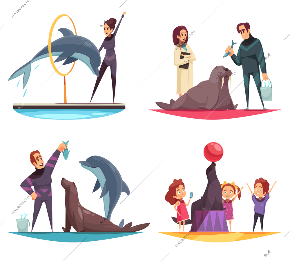 Dolphinarium design concept with flat human characters of animal handlers and feeders with animals and kids vector illustration