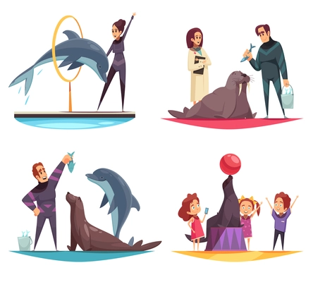 Dolphinarium design concept with flat human characters of animal handlers and feeders with animals and kids vector illustration