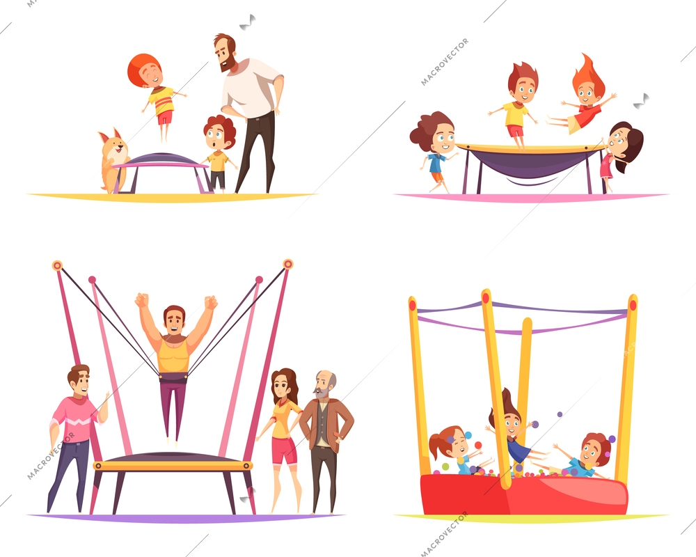 Jumping trampolines design concept with flat cartoon human characters of trampolining adult people family and children vector illustration